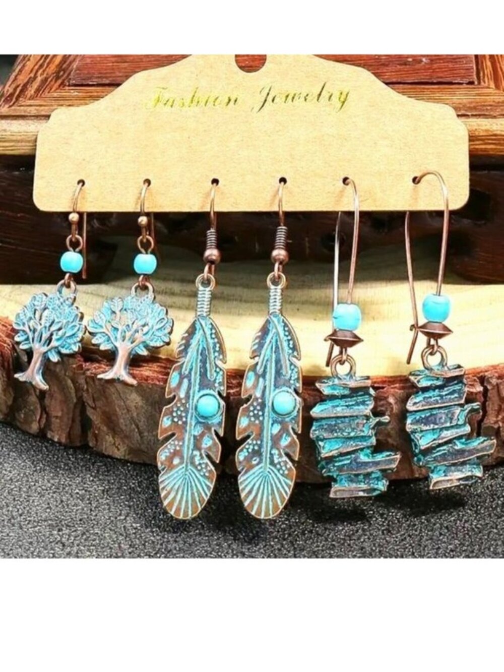 Earrings Turquoise Bronzed 3pr Dangle Tree Native Southwest Feather Trendy Style